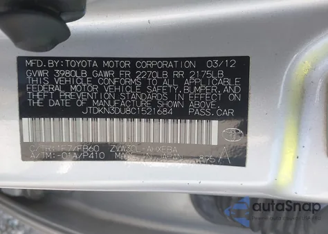 2012 Toyota Prius Two from USA, damaged, VIN JTDKN3DU8C1521684